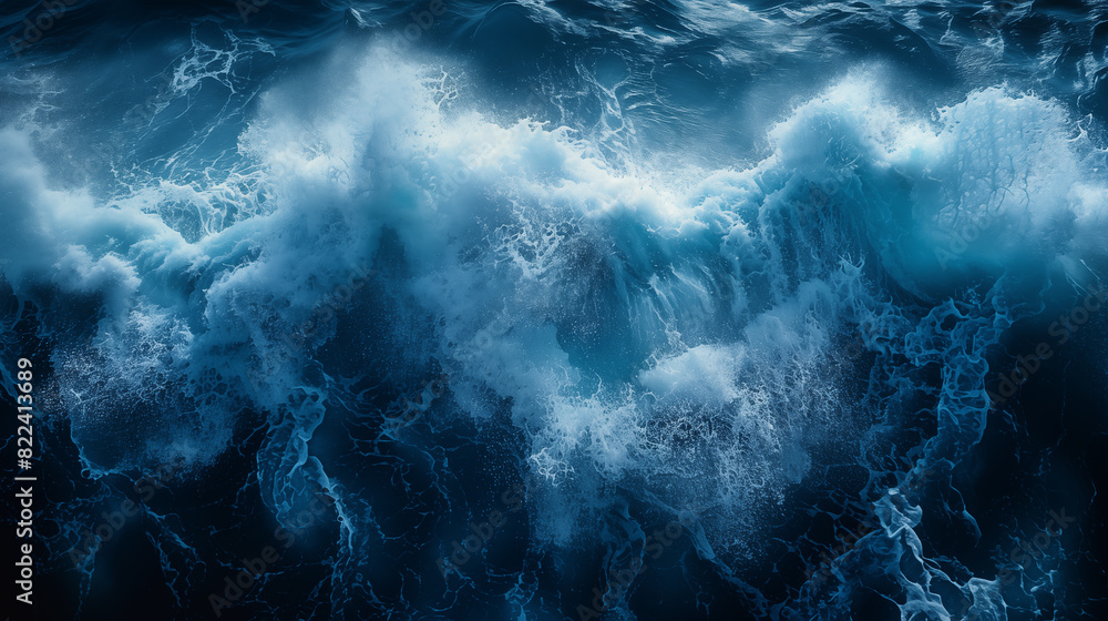  Abstract dark blue stormy sea background with waves and mist, top view.