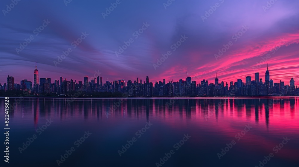 Fototapeta premium New York City at dawn, with the skyline silhouetted against a soft