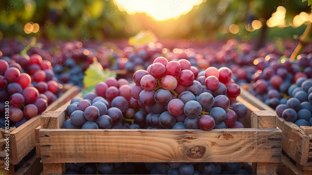 Fresh grapes in wooden boxes, set against the backdrop of an expansive vineyard during sunset. Fresh grapes in wooden boxes, set against the backdrop of an expansive vineyard during sunset.
