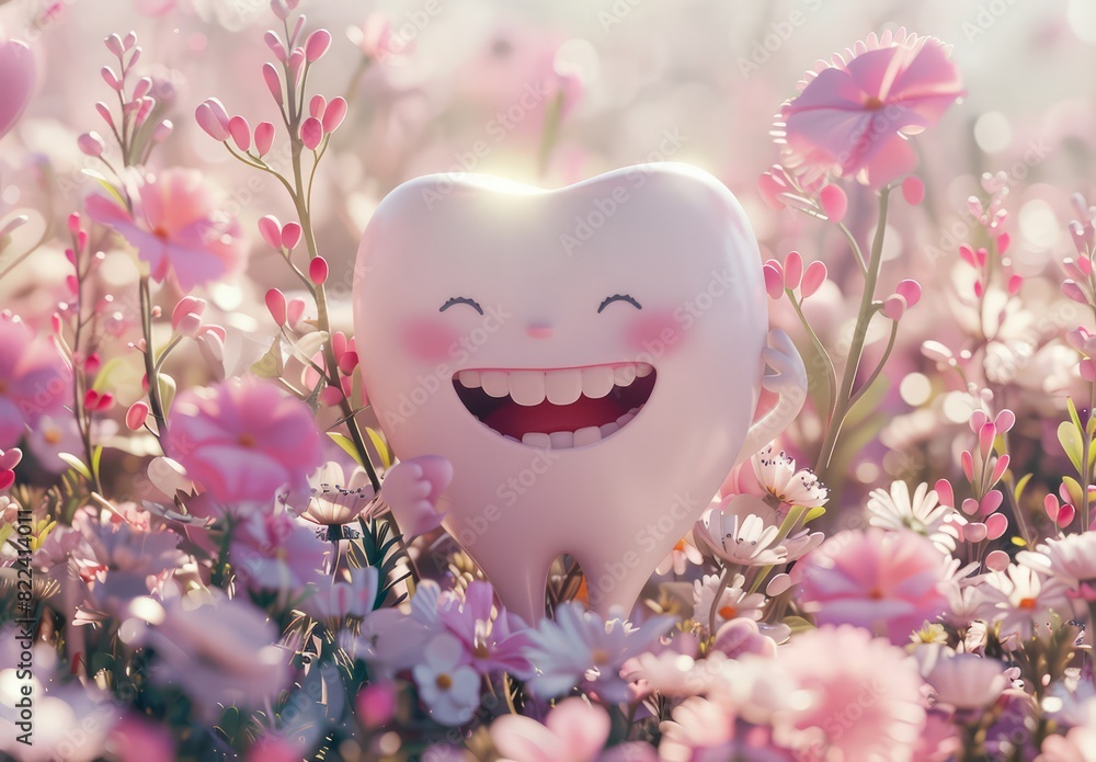 Dental Illustration Day mother's concept Mom Happy tooth character flowers care Character Tooth Icon Design