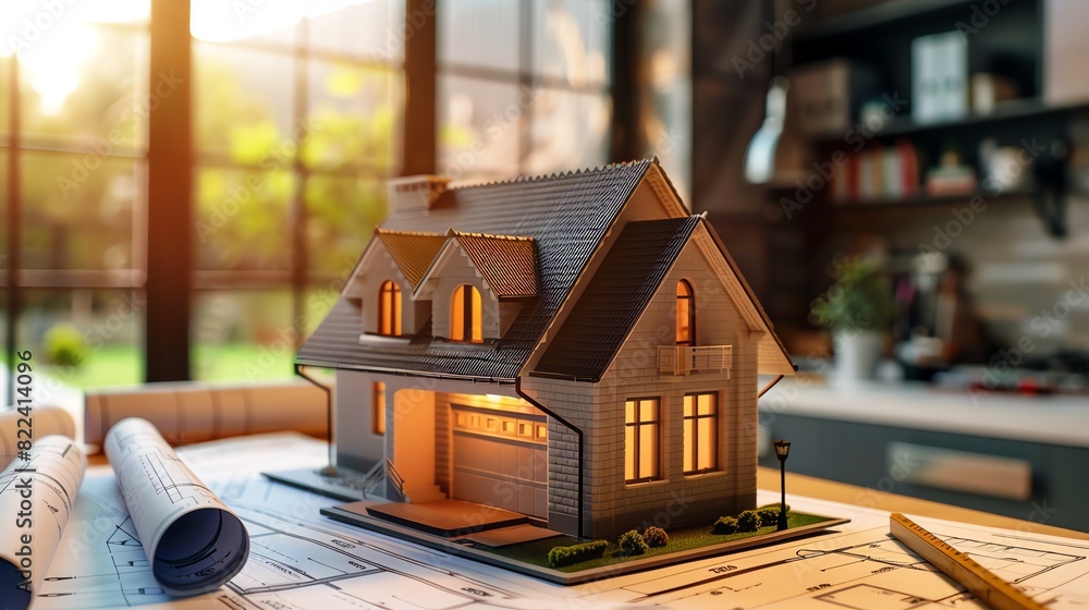 Architectural model of house with blueprints Architectural model of house with blueprints