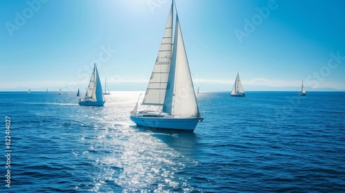 Yachts with white sails gracefully sailing on the open sea under a clear blue sky