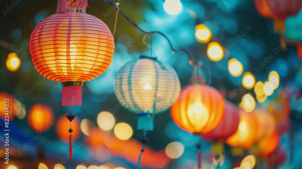 A row of colorful lanterns hanging from a wire A row of colorful lanterns hanging from a wire