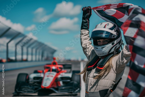 Woman holding a racing flag on the starting line of a race track © Lewis