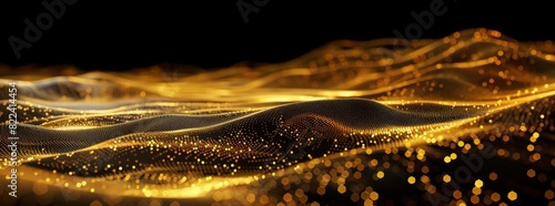 Digital technology background with wave of dots and lines in gold color on black background. Abstract futuristic digital wallpaper. Big data, big sunless surface, dark sky, digital sound waves photo
