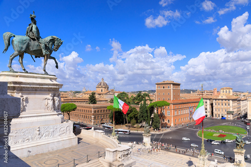 Rome skyline. View from Altar of the Fatherland or Vittoriano: in the center Venice Square and to the side the bronze equestrian statue of King Victor Emmanuel II.