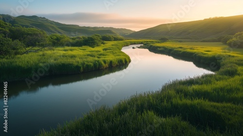A tranquil river winding through a lush valley, its mirrored surface reflecting the verdant landscape and the soft glow of the setting sun. 32k, full ultra HD, high resolution