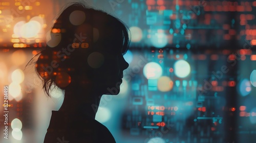 Profile view of a person silhouetted against a computer screen, with digital data and graphs faintly visible, symbolizing contemplation in a tech-driven world