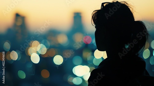 Silhouette of a person in deep thought, with a blurred cityscape in the background, capturing the contrast between the sharp outline and the soft-focus urban environment