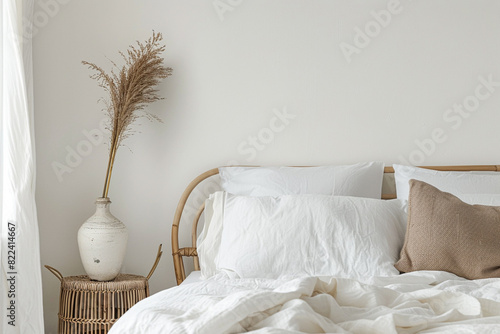 a white bed with a table next to a vase with flowers photo