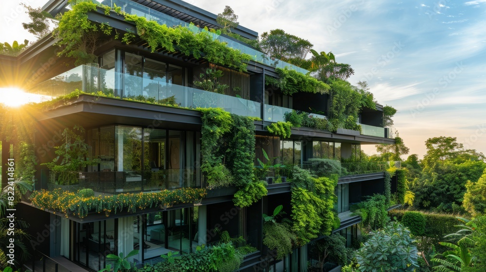 A building that is completely covered in various types of thriving plants, creating a unique and green facade.