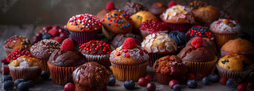 Creative food concept. Row stack of many colourful Cupcake muffin cake doughnut with topping of chocolate icing frosting and sprinkles raspberry cranberry cream nuts fruits. Banner wallpaper Creative food concept. Row stack of many colourful Cupcake muffin cake doughnut with topping of chocolate icing frosting and sprinkles raspberry cranberry cream nuts fruits. Banner wallpaper