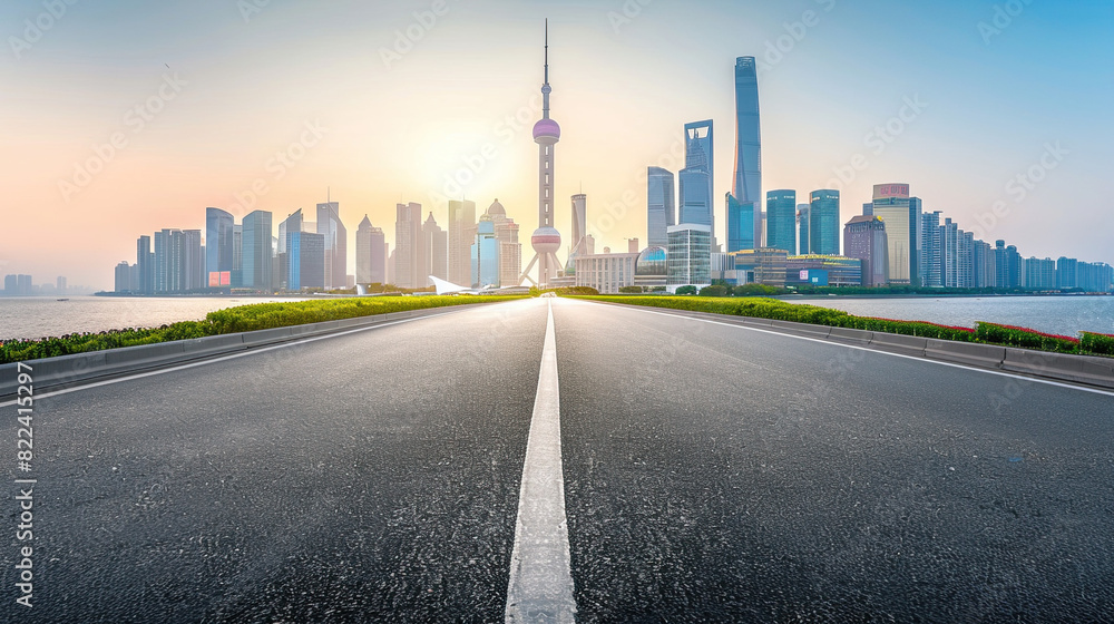 Obraz premium Empty asphalt road and modern city skyline with building