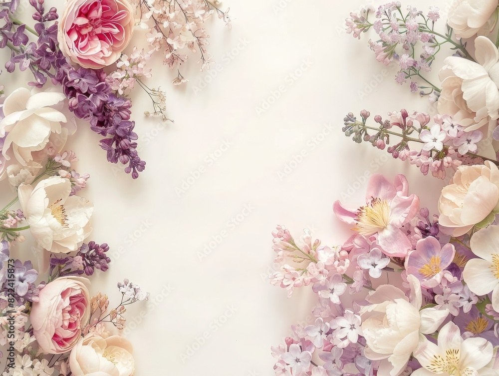 An elegant frame of soft pastel colored spring flowers, creating a delicate border with a copy space. AI generated An elegant frame of soft pastel colored spring flowers, creating a delicate border with a copy space. AI generated
