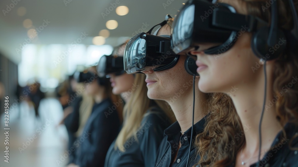Virtual reality training session in a corporate environment: Employees using VR headsets Virtual reality training session in a corporate environment: Employees using VR headsets