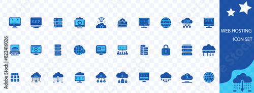 Web hosting icon set. Containing cloud computing, server, domain, firewall, internet, FTP, database, SSL, data hosting and more. Solid vector icons collection