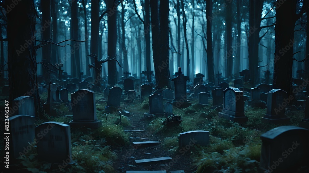 Obraz premium Scary haunted graveyard middle of forest night with crowded trees and graves with tombstone next to each other Halloween