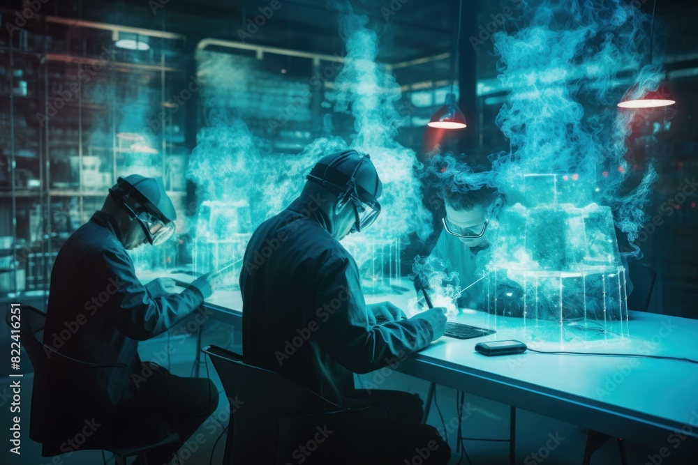 Scientists in virtual reality equipment performing advanced experiments in a high-tech lab with blue smoke Scientists in virtual reality equipment performing advanced experiments in a high-tech lab with blue smoke