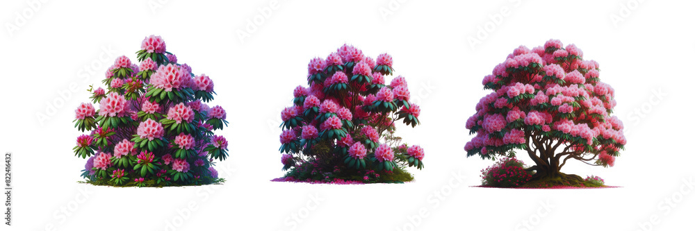 Set of Three Rhododendron bush with pink flower, isolated over on transparent white background Set of Three Rhododendron bush with pink flower, isolated over on transparent white background