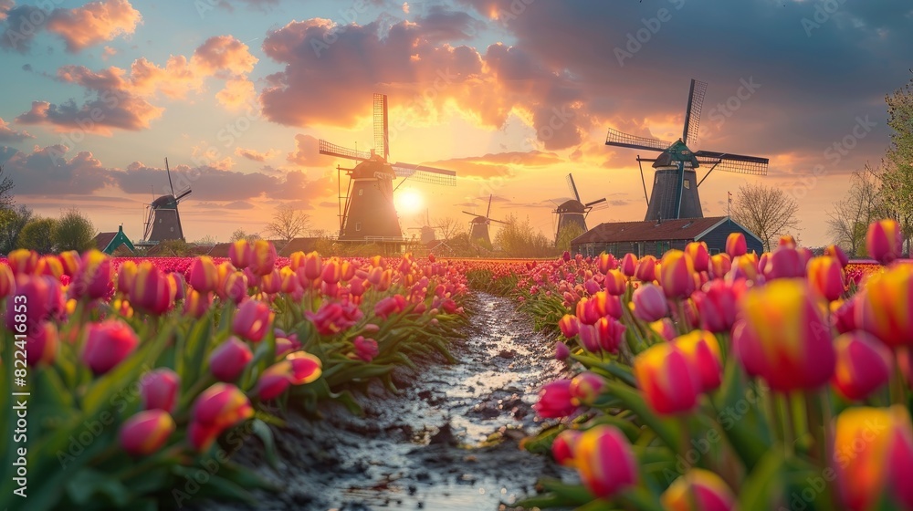 Landscape of Netherlands bouquet of tulips and windmills in the Netherlands. Landscape of Netherlands bouquet of tulips and windmills in the Netherlands.