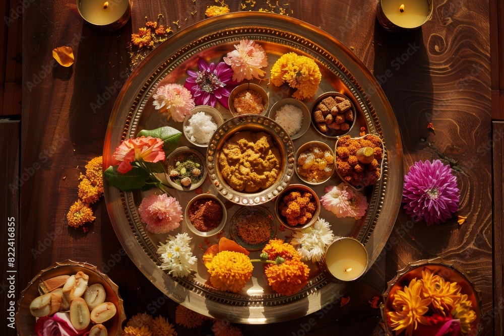A beautifully adorned Puja Thali with flowers, Roli, Chawal, and religious symbols, representing the spiritual essence of Diwali in India.