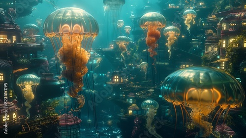An underwater metropolis bustling with AI-driven marine life, illuminated by the soft glow of luminescent jellyfish. 32k, full ultra HD, high resolution © Mustafa