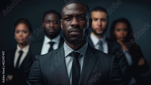 A group of business people stand in front, one black male leader wearing a suit and tie looks at the