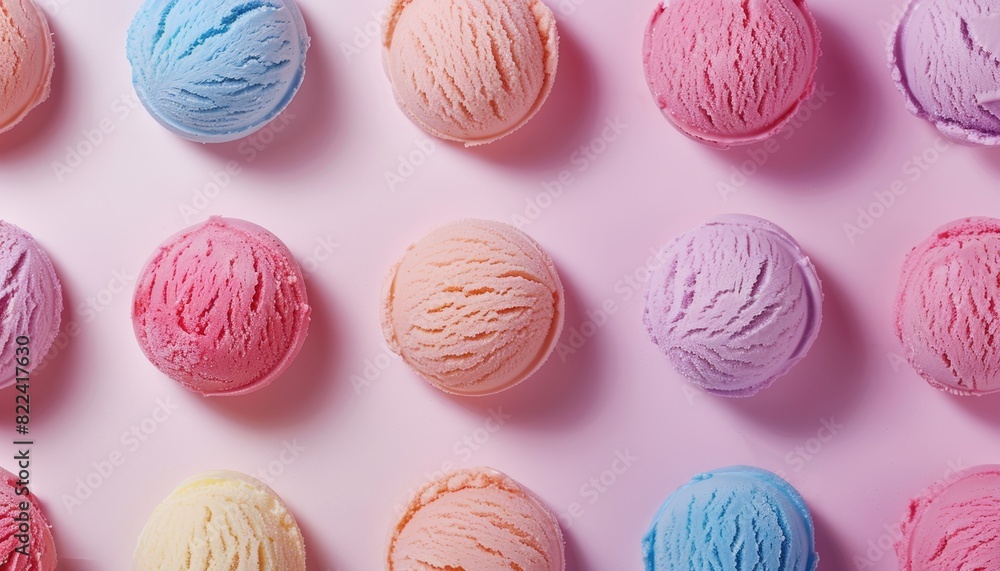Colorful scoops of ice cream arranged in a grid pattern on a pink background. Various flavors displayed, creating a vibrant and appetizing scene. Colorful scoops of ice cream arranged in a grid pattern on a pink background. Various flavors displayed, creating a vibrant and appetizing scene.