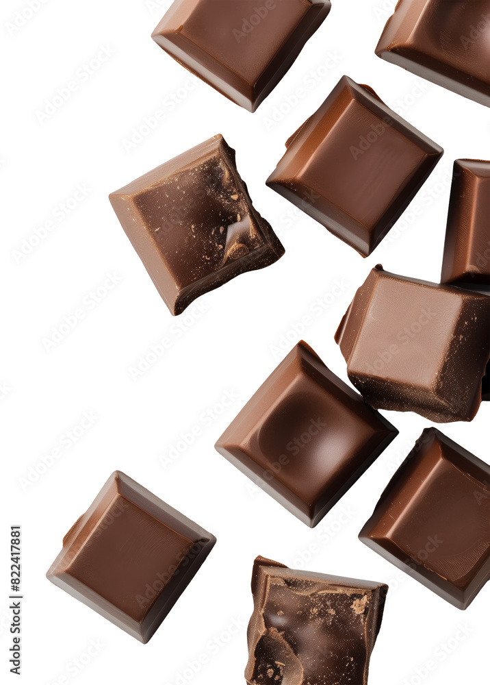 Assorted milk chocolate squares scattered against a white background, highlighting the product’s appeal Assorted milk chocolate squares scattered against a white background, highlighting the product’s appeal