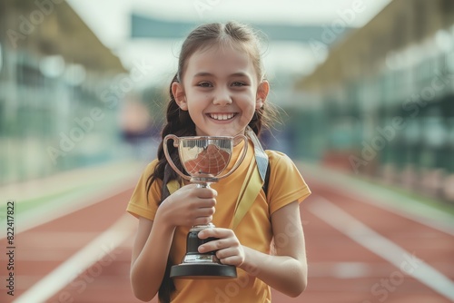 A young girl is holding a trophy and smiling generated by AI