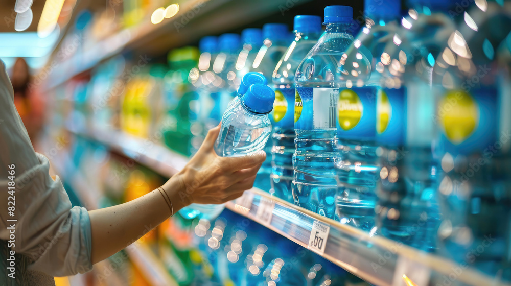 Close-Up of Woman's Hand Choosing Water Bottle in Supermarket Close-Up of Woman's Hand Choosing Water Bottle in Supermarket