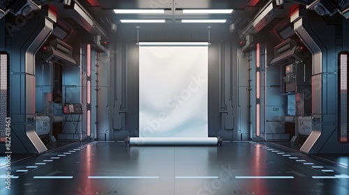 A blank white roll-up banner display mockup set up in a futuristic tech lab with sleek surfaces and advanced equipment  isolated and high-tech  3d rendering 