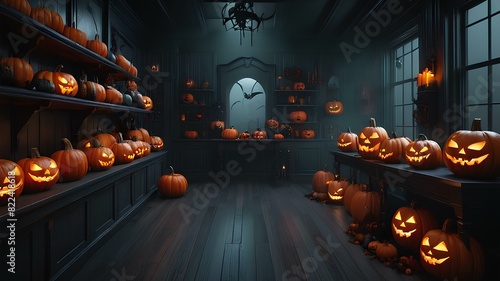 Halloween theme illustration with scary orange pumpkins in old shop. Dark halloween scary window shpping terrifying photo