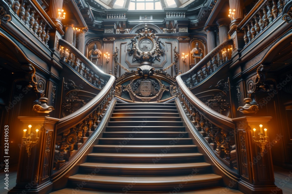Obraz premium A close-up view of the opulent ship's grand staircase showcases its intricate carvings and exquisite lighting, exuding a sense of grandeur and luxury.
