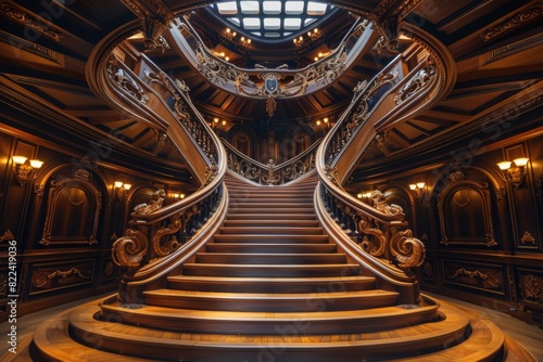 Explore the exquisite craftsmanship and luminous ambiance of the ship s grand staircase  where intricate carvings meet elegant lighting fixtures.