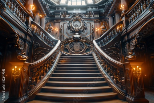 A close-up view of the opulent ship's grand staircase showcases its intricate carvings and exquisite lighting, exuding a sense of grandeur and luxury.