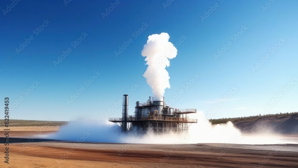 Fototapeta premium A geothermal power plant with steam rising against a clear blue sky. The scene highlights renewable energy generation in a vast, open landscape
