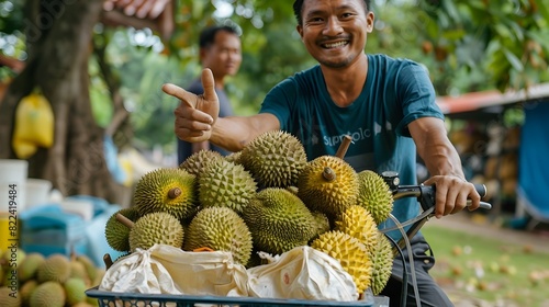 Man Celebrates Fresh Durian Harvest with Electric Bike and SAICstyle Work Clothes