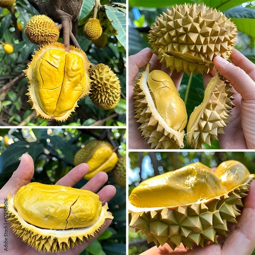 Vibrant Durian and Yellow Jackfruit Pieces Surrounded by Lush Green Leaves in a Garden