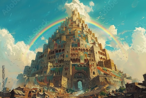 Visualize a colorful cartoon image showcasing the Tower of Babel surrounded by a bustling marketplace at its base, where merchants sell exotic goods