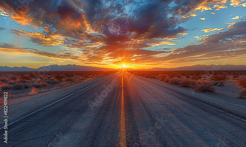 Photograph a long, straight desert road as it disappears into a breathtaking sunset, emphasizing the vast, open skies and the tranquil solitude of the desert environment. , Generate AI photo