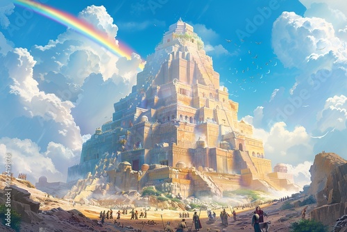 Visualize a colorful cartoon image showcasing the Tower of Babel surrounded by a bustling marketplace at its base, where merchants sell exotic goods