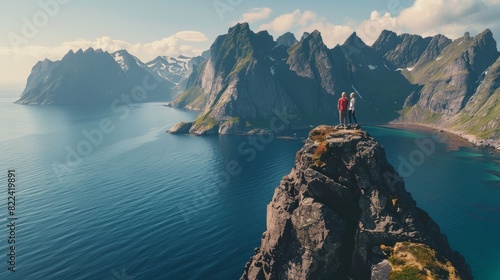 A couple on a cliff edge in Norway Lofoten Islands, Couple family traveling together on cliff edge in Norway man and woman lifestyle concept summer vacations outdoor aerial view Lofoten islands photo