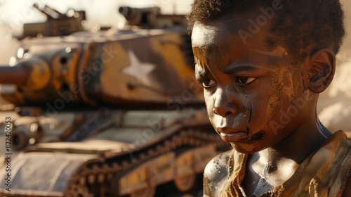 A crying black child playing with a war tank. Generative AI.