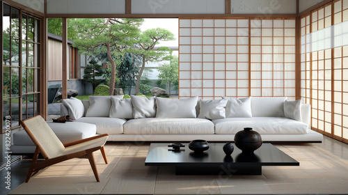 A contemporary Japanese living room with shoji screen walls, a minimalist white linen sofa, and a black lacquer coffee table photo