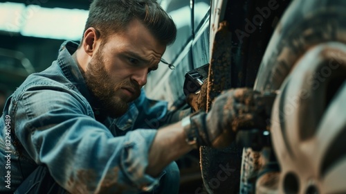 Handsome mechanic in dirty work clothes repairs the car in his garage © Sittipol 