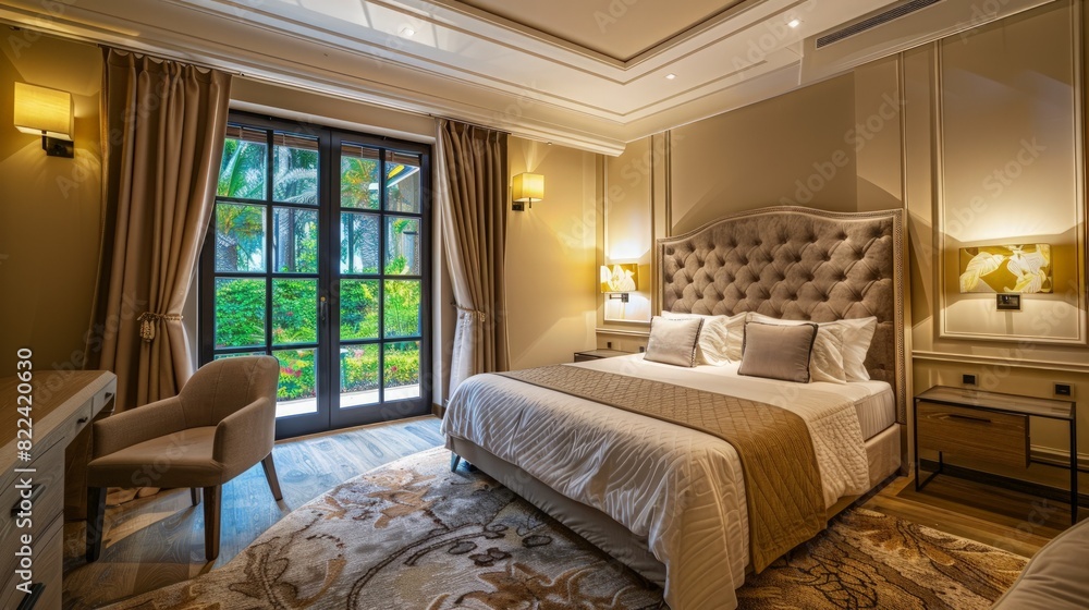 Fototapeta premium General view of luxury bedroom interior with bed and window. generative ai