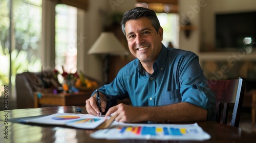 A happy man in his thirties, with medium length hair and a blue shirt, is sitting at a table smiling while looking into the