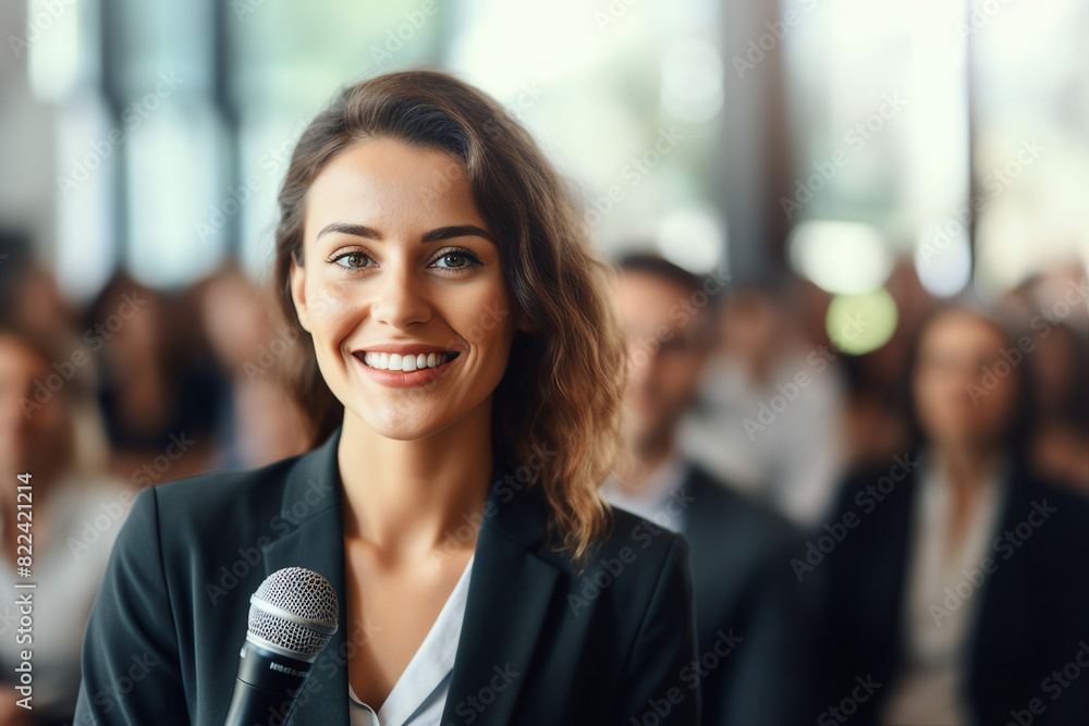 Generative AI illustration motivational speaker with microphone in hand in front of audience at conference room Generative AI illustration motivational speaker with microphone in hand in front of audience at conference room