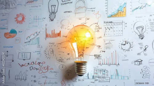 A light bulb glowing brightly against the backdrop of white wall adorned with doodles representing various business concepts like graphs, charts and office elements., +white background+long